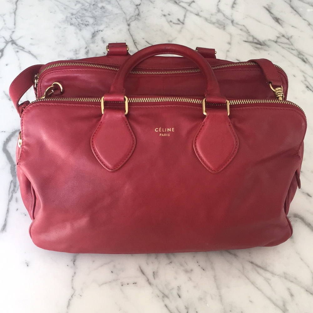 Celine triptyque satchel in red (authentic)